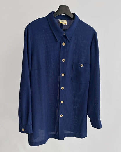 80s Royal Blue Button-Up Shirt with Back Tie