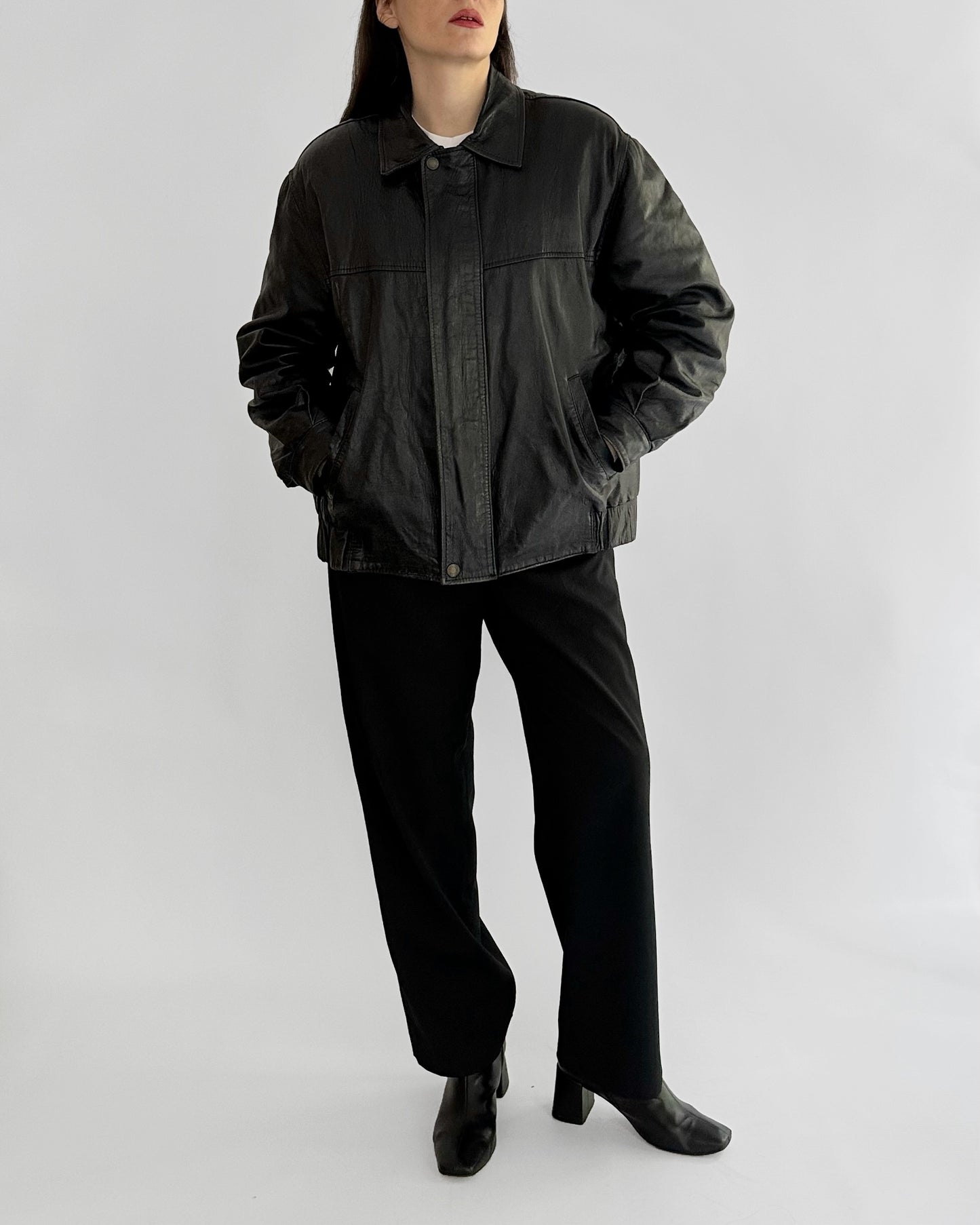 80s Black Leather Bomber Jacket