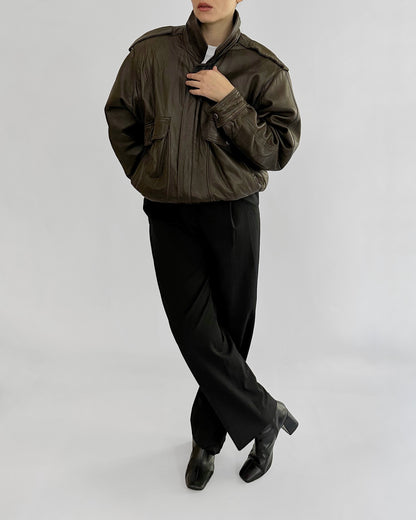 80s Sheepskin Leather Brown Bomber Jacket