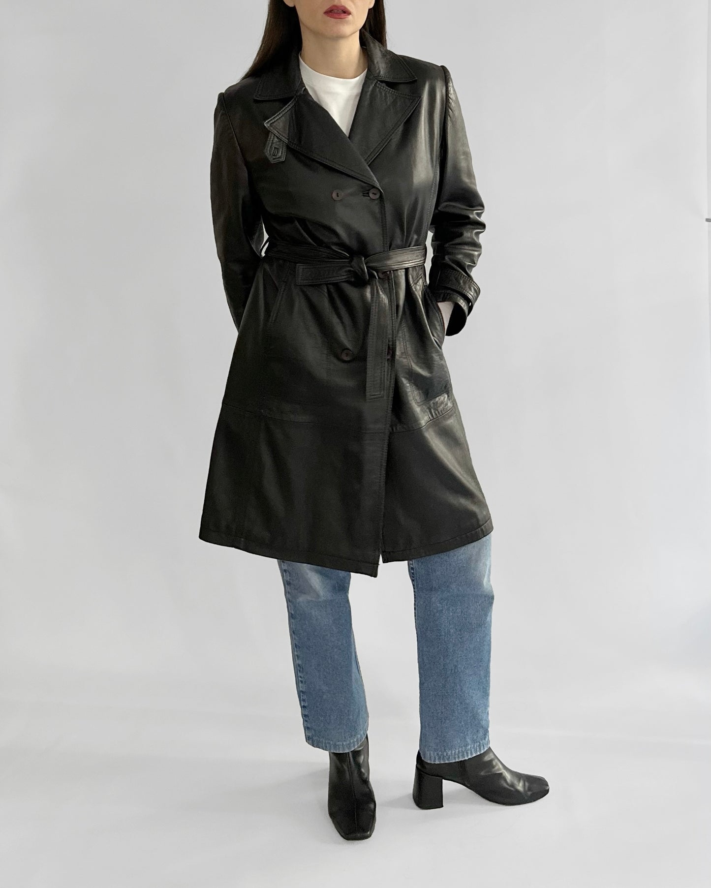 90s Black Nappa Leather Trench Coat