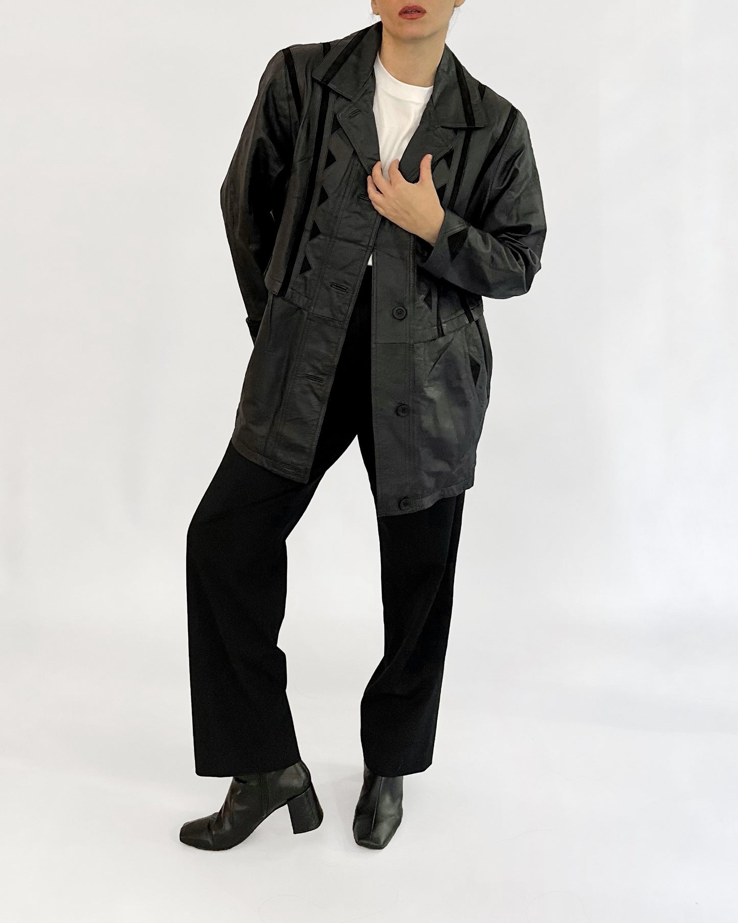 80s Black Leather Suede Geometric Jacket