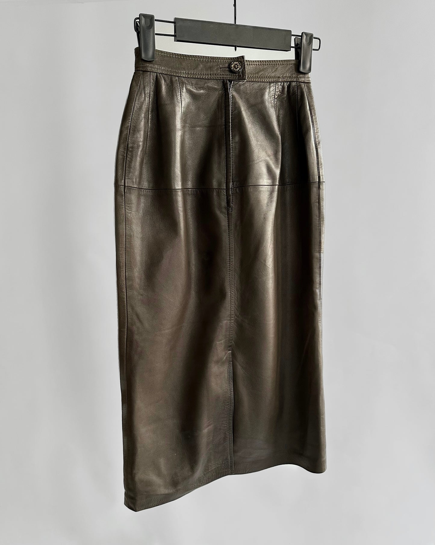 Vintage 1980s Loewe Olive Green Leather Midi Skirt