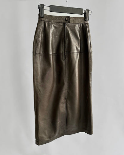 Vintage 1980s Loewe Olive Green Leather Midi Skirt