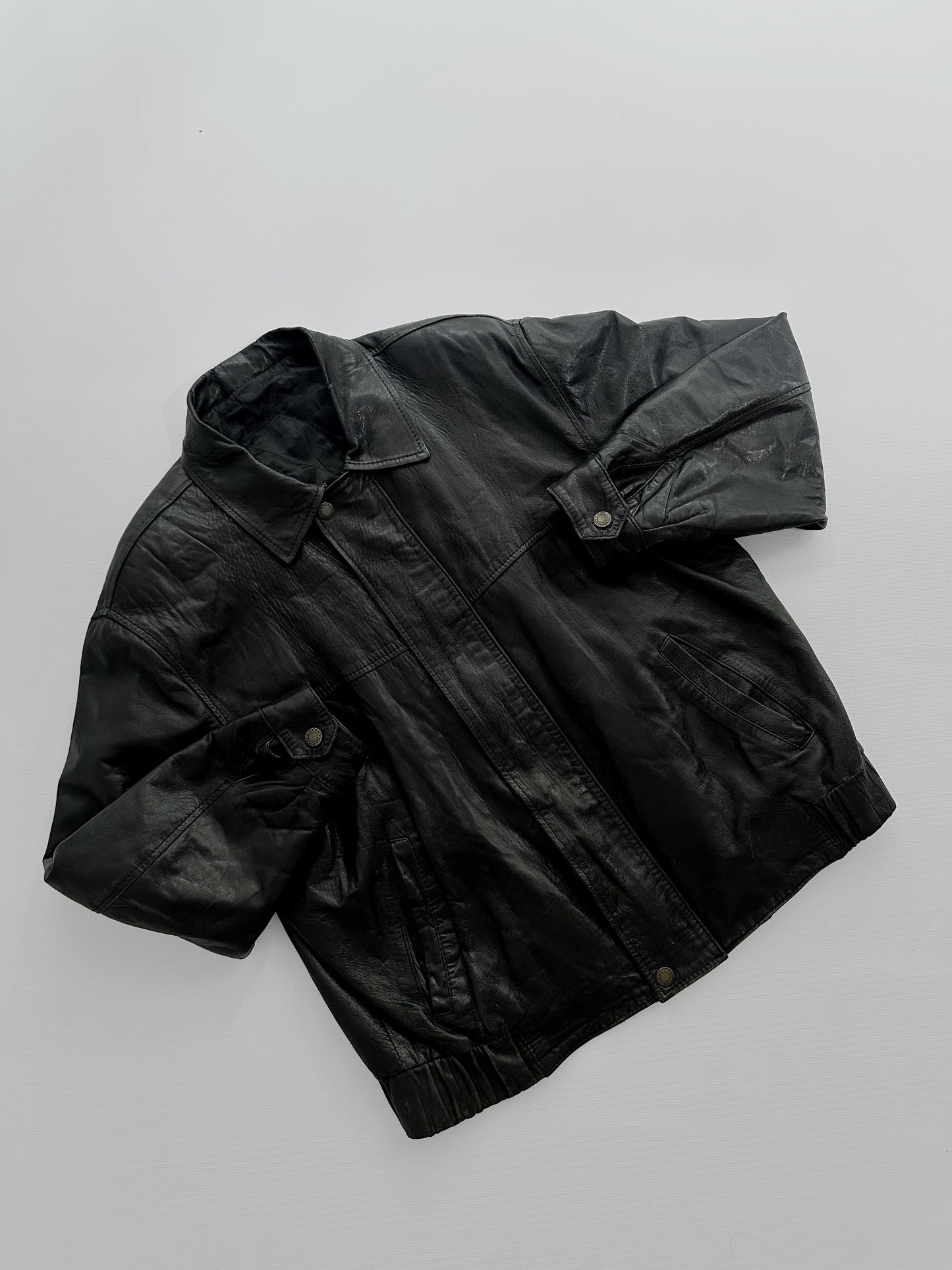 80s Black Leather Bomber Jacket