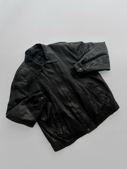 80s Black Leather Bomber Jacket