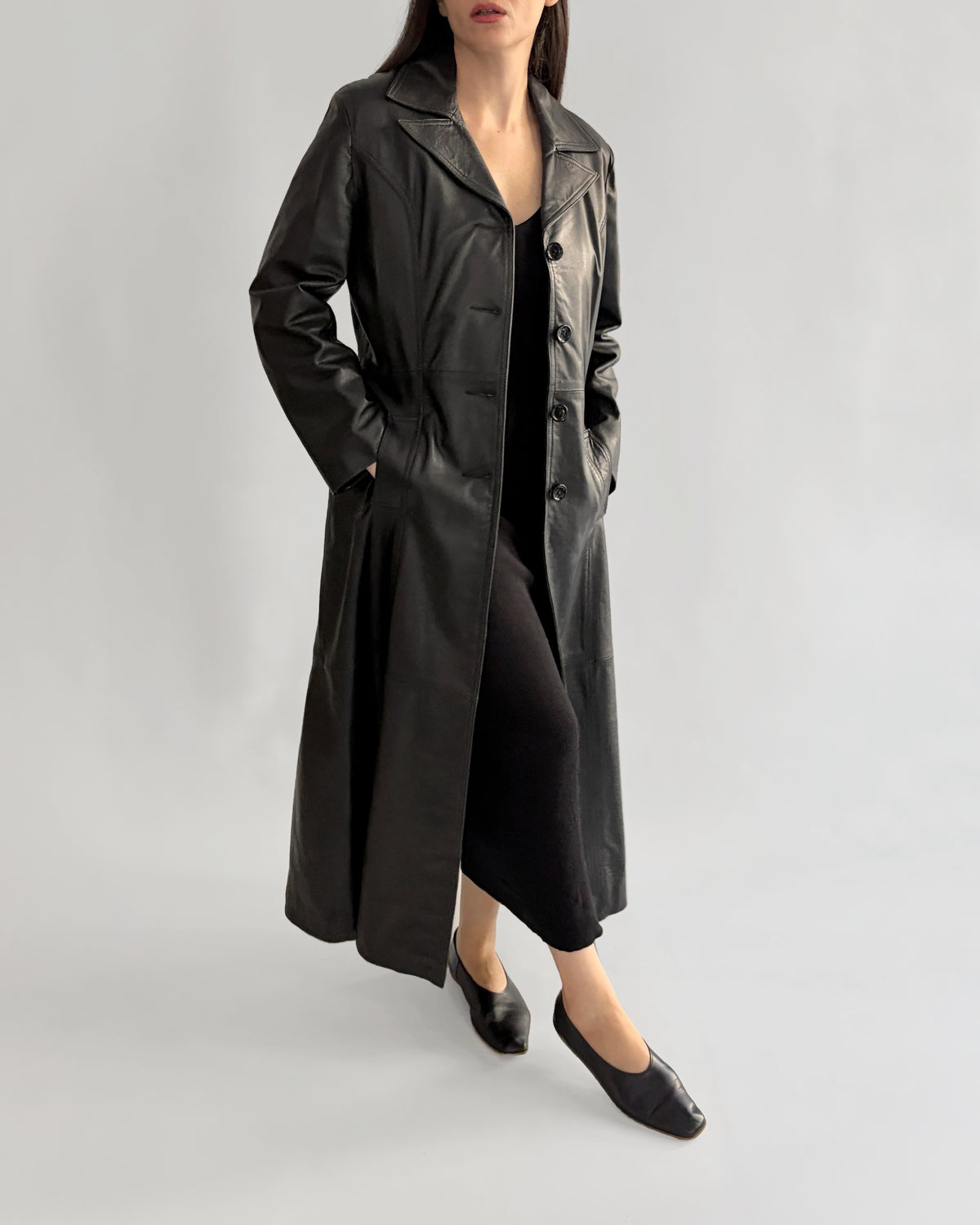 Vintage 1990s Black Italian Goatskin Leather Maxi Coat