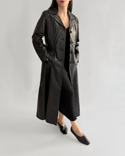 Vintage 1990s Black Italian Goatskin Leather Maxi Coat