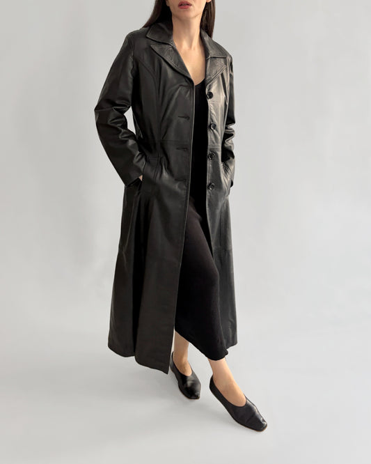 Vintage 1990s Black Italian Goatskin Leather Maxi Coat