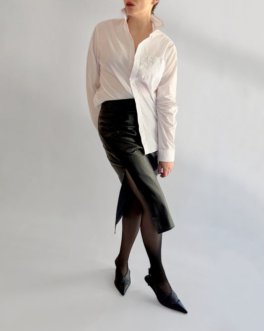 90s Black Faux Leather Midi Skirt