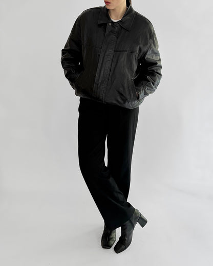 80s Black Leather Bomber Jacket