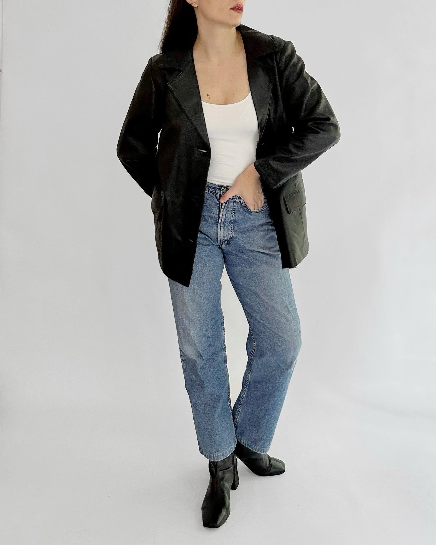90s Black Sheepskin Leather Blazer