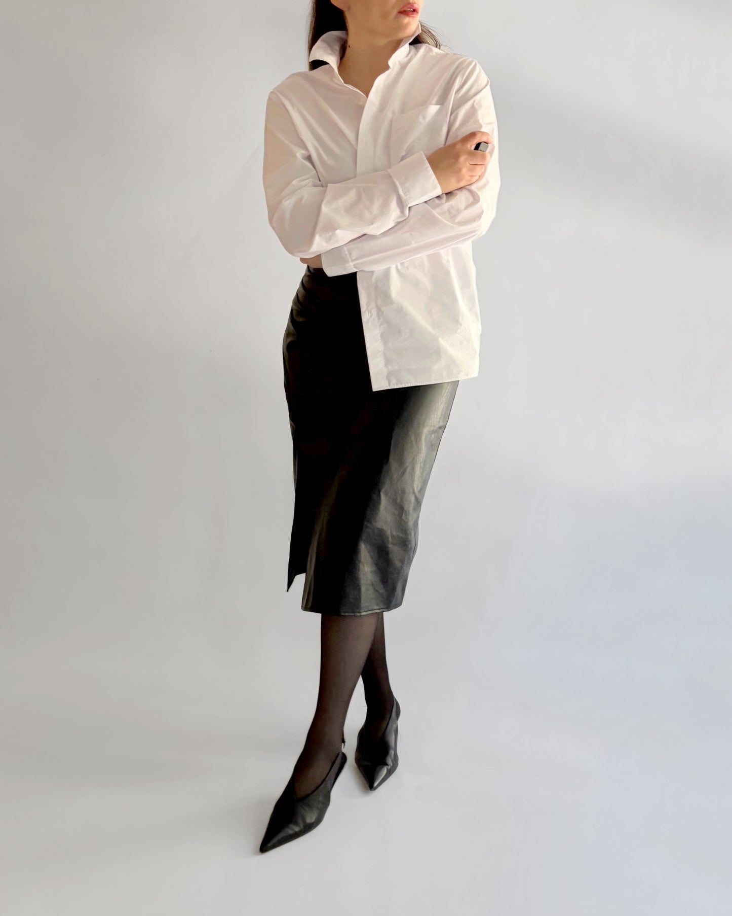 90s Black Faux Leather Midi Skirt