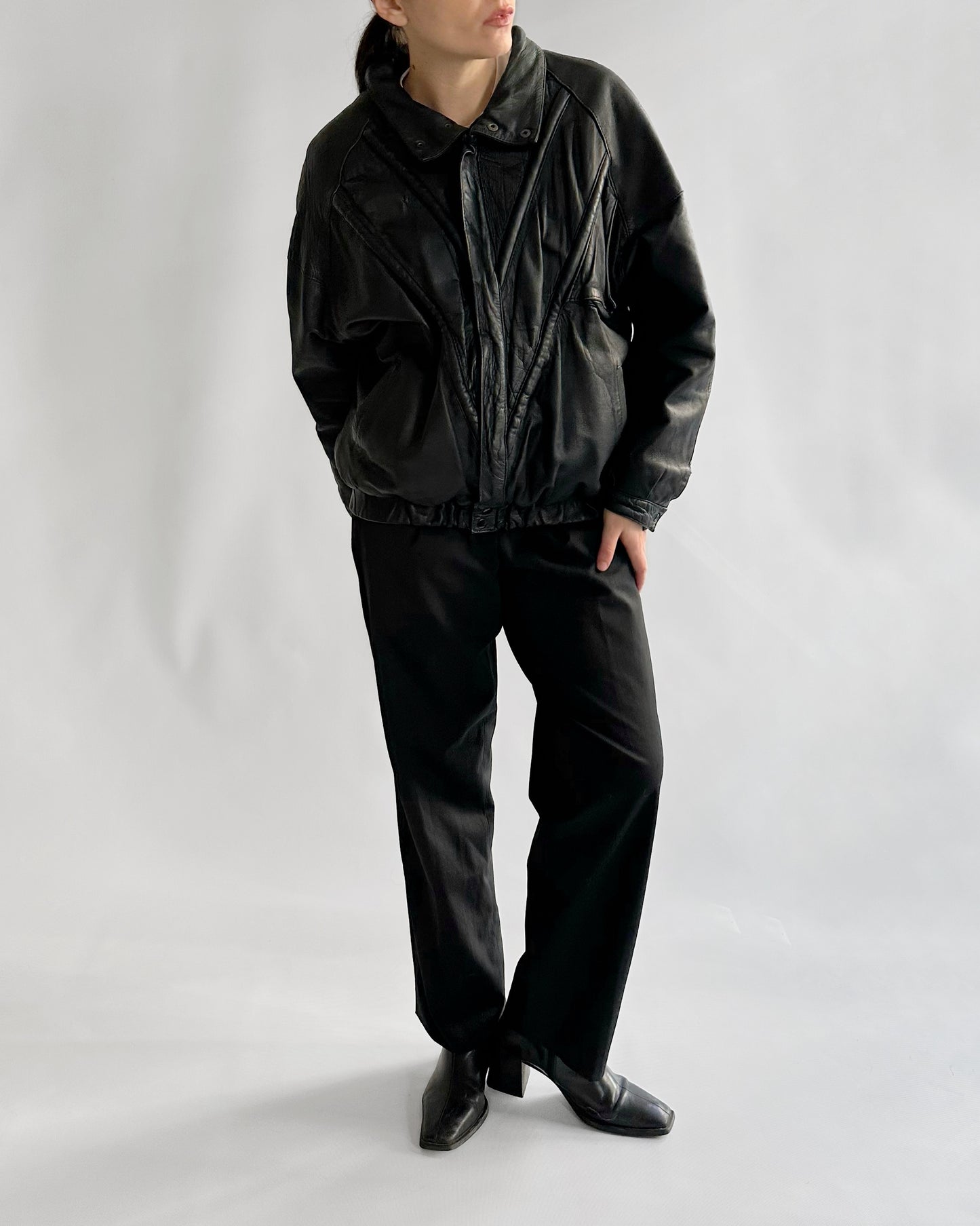 80s Black Leather Bomber Jacket