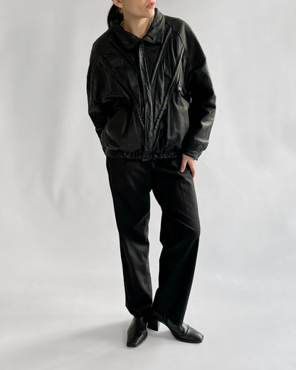 80s Black Leather Bomber Jacket