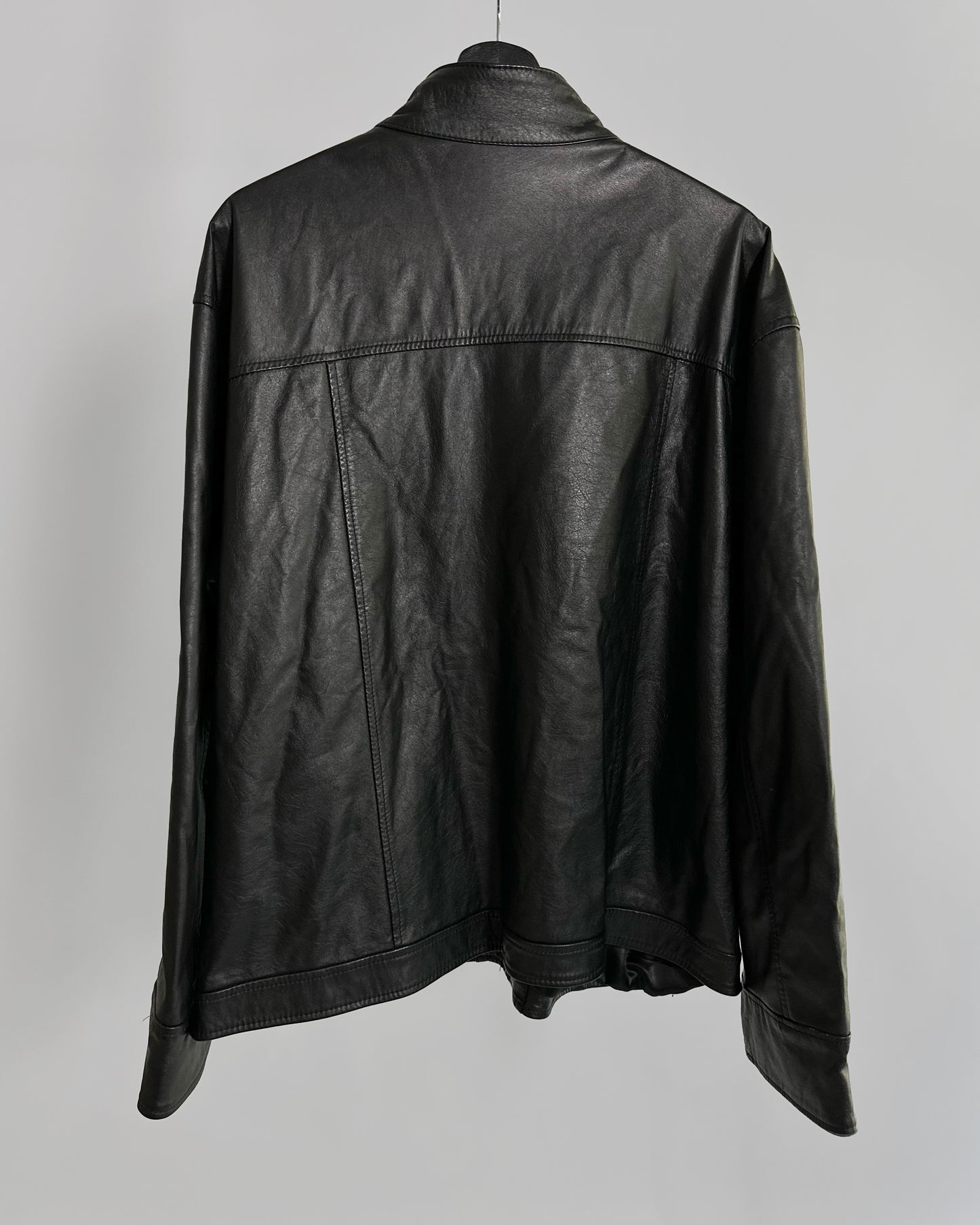 90s Black Leather Jacket – Minimalist Boxy Fit Moto Style