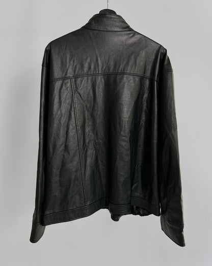90s Black Leather Jacket – Minimalist Boxy Fit Moto Style