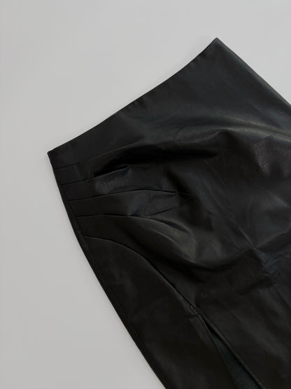 90s Black Faux Leather Midi Skirt