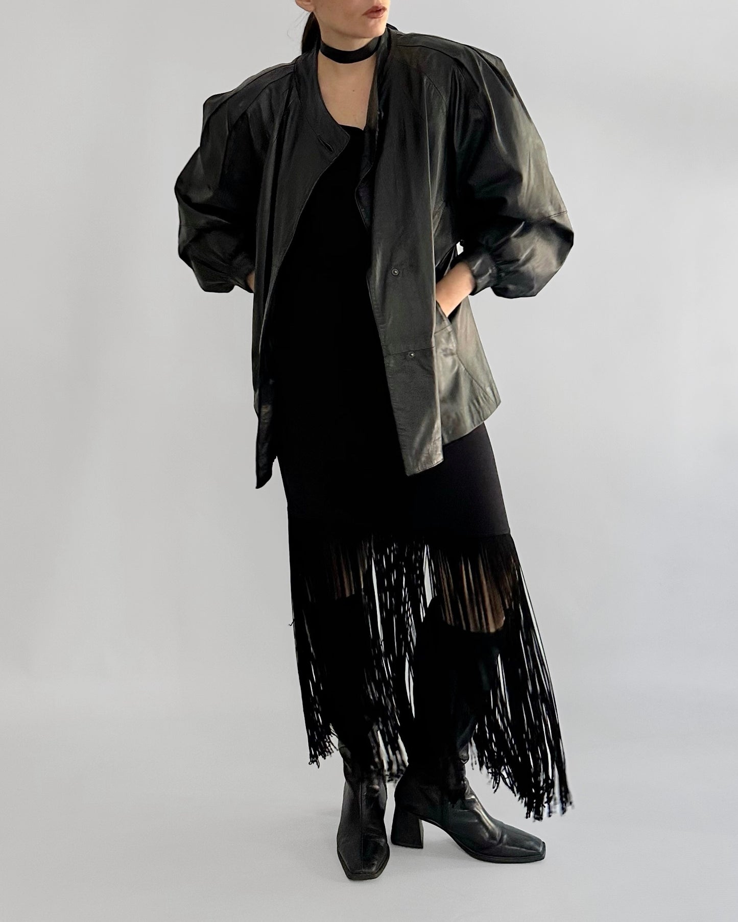 80s Black Puff Sleeve Sheep Leather Jacket