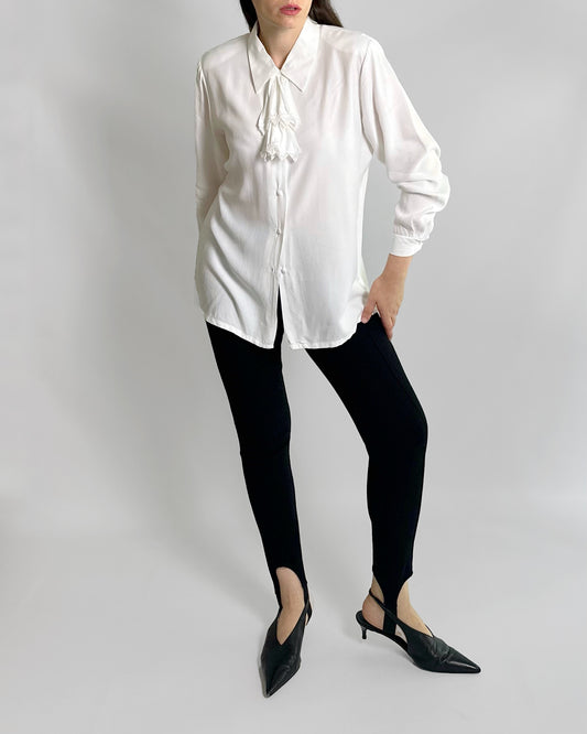 80s White Viscose Tie-Neck Blouse