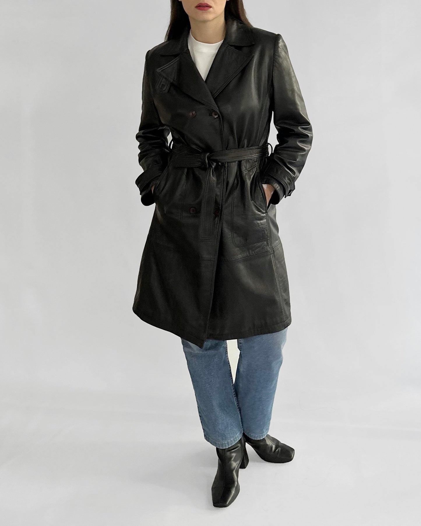90s Black Nappa Leather Trench Coat