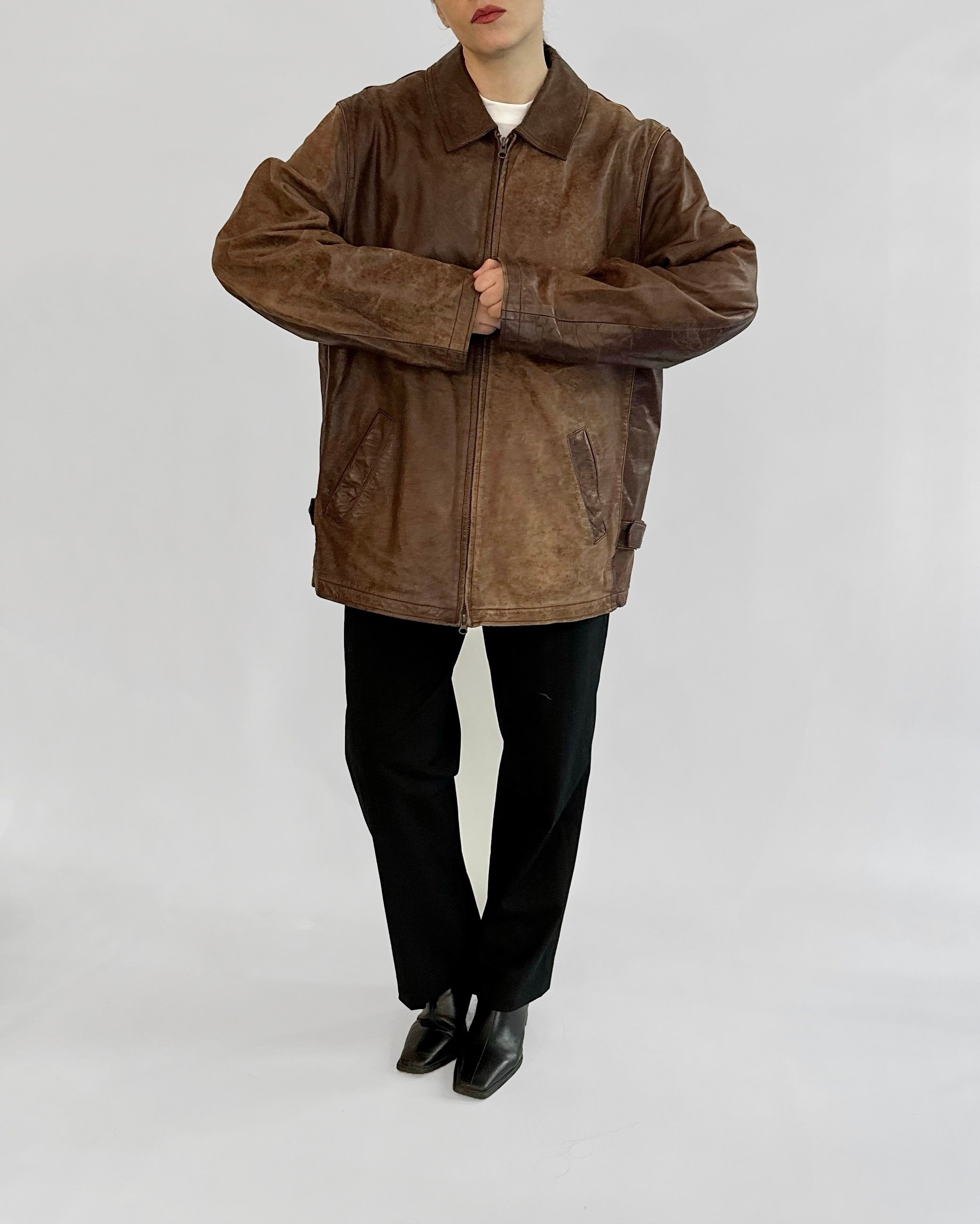 Y2K Distressed Brown Leather Zip-Up Jacket – Alba Vintage Studio