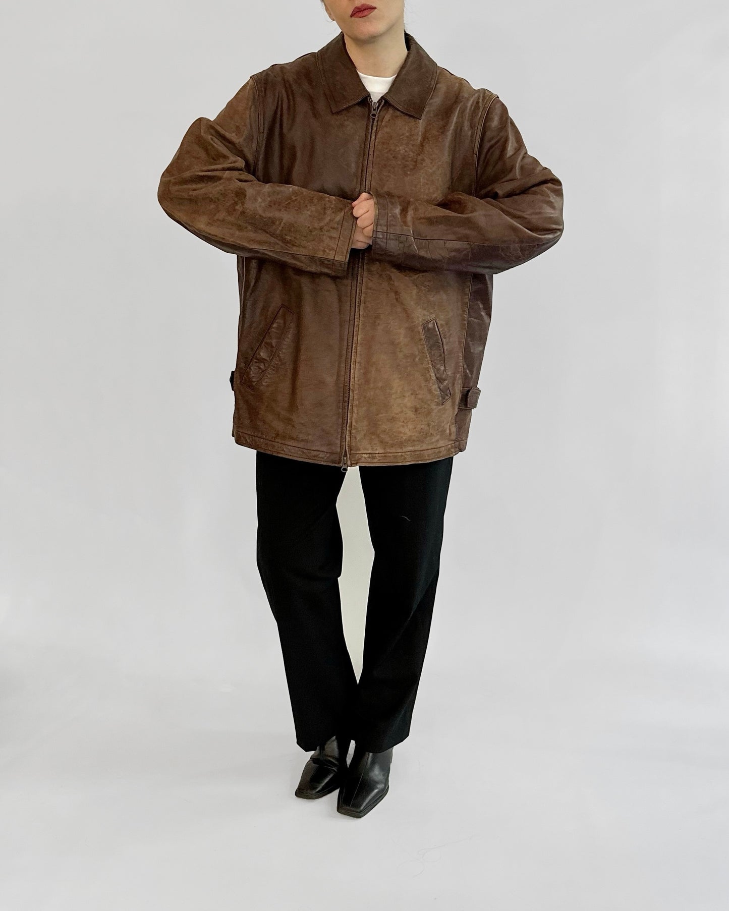 Y2K Distressed Brown Leather Zip-Up Jacket