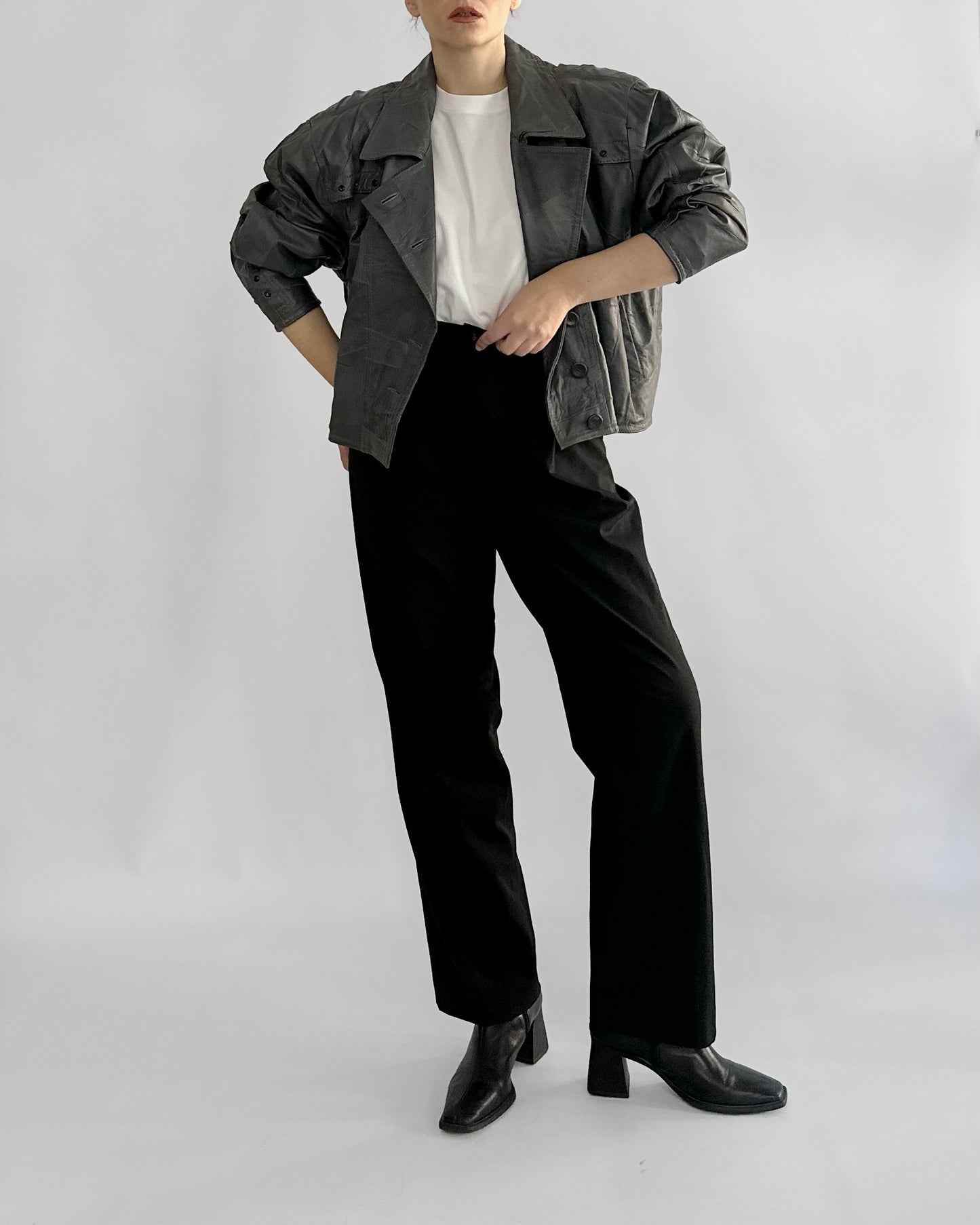80s Grey Patchwork Leather Bomber Jacket