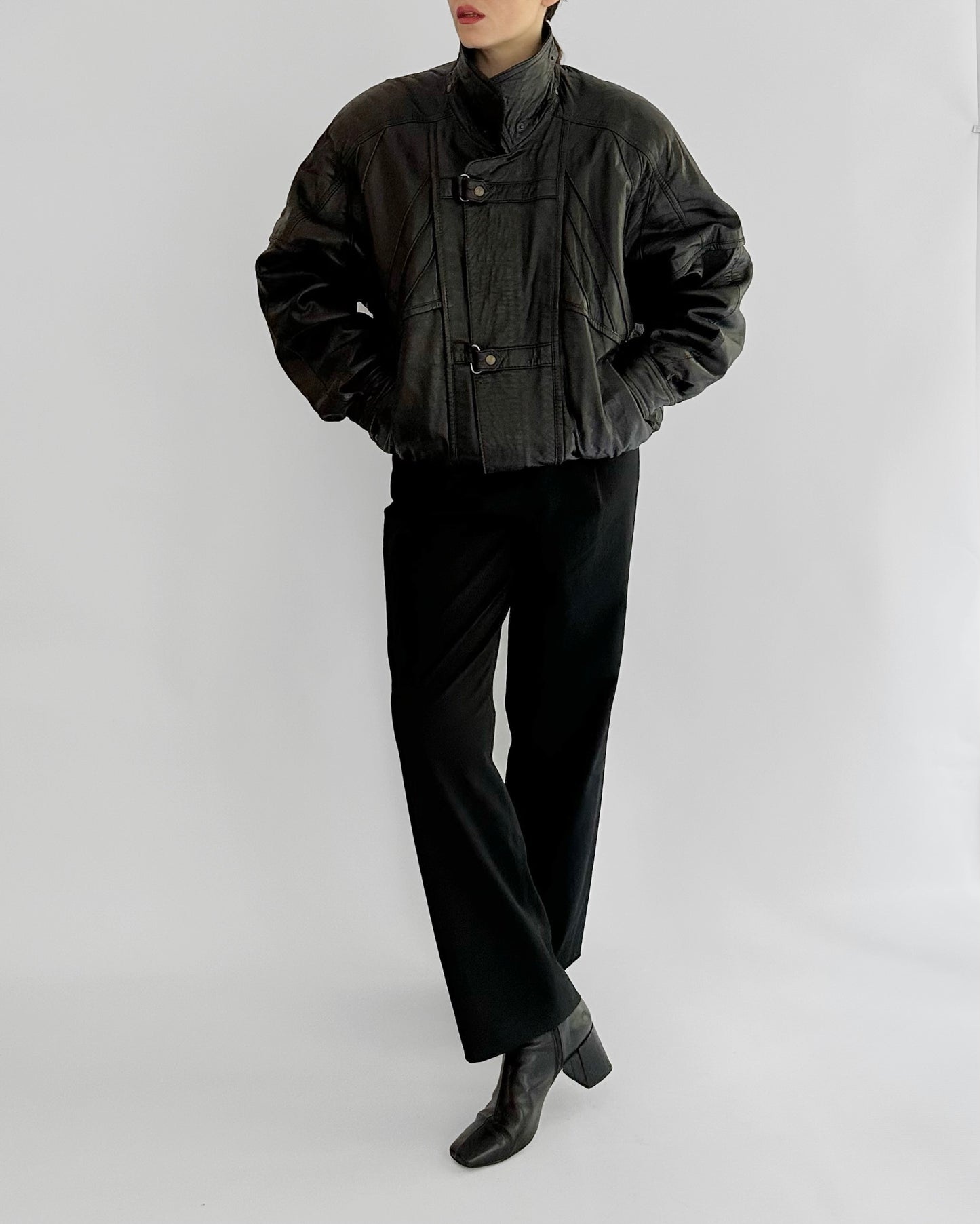 80s Black Leather Bomber Jacket