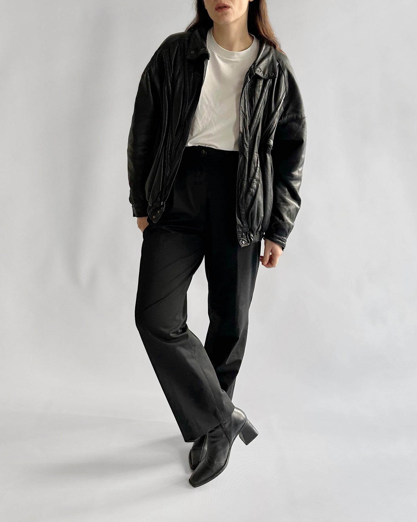 80s Black Leather Bomber Jacket