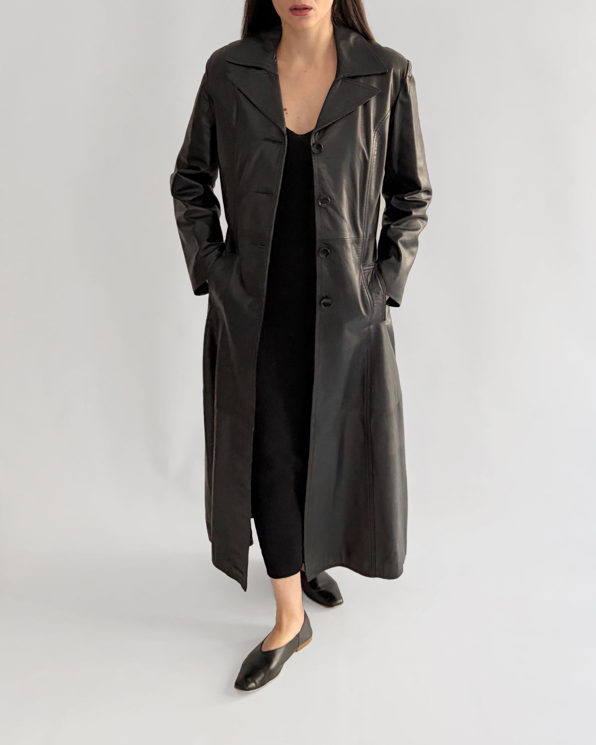 Vintage 1990s Black Italian Goatskin Leather Maxi Coat
