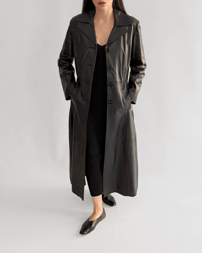 Vintage 1990s Black Italian Goatskin Leather Maxi Coat