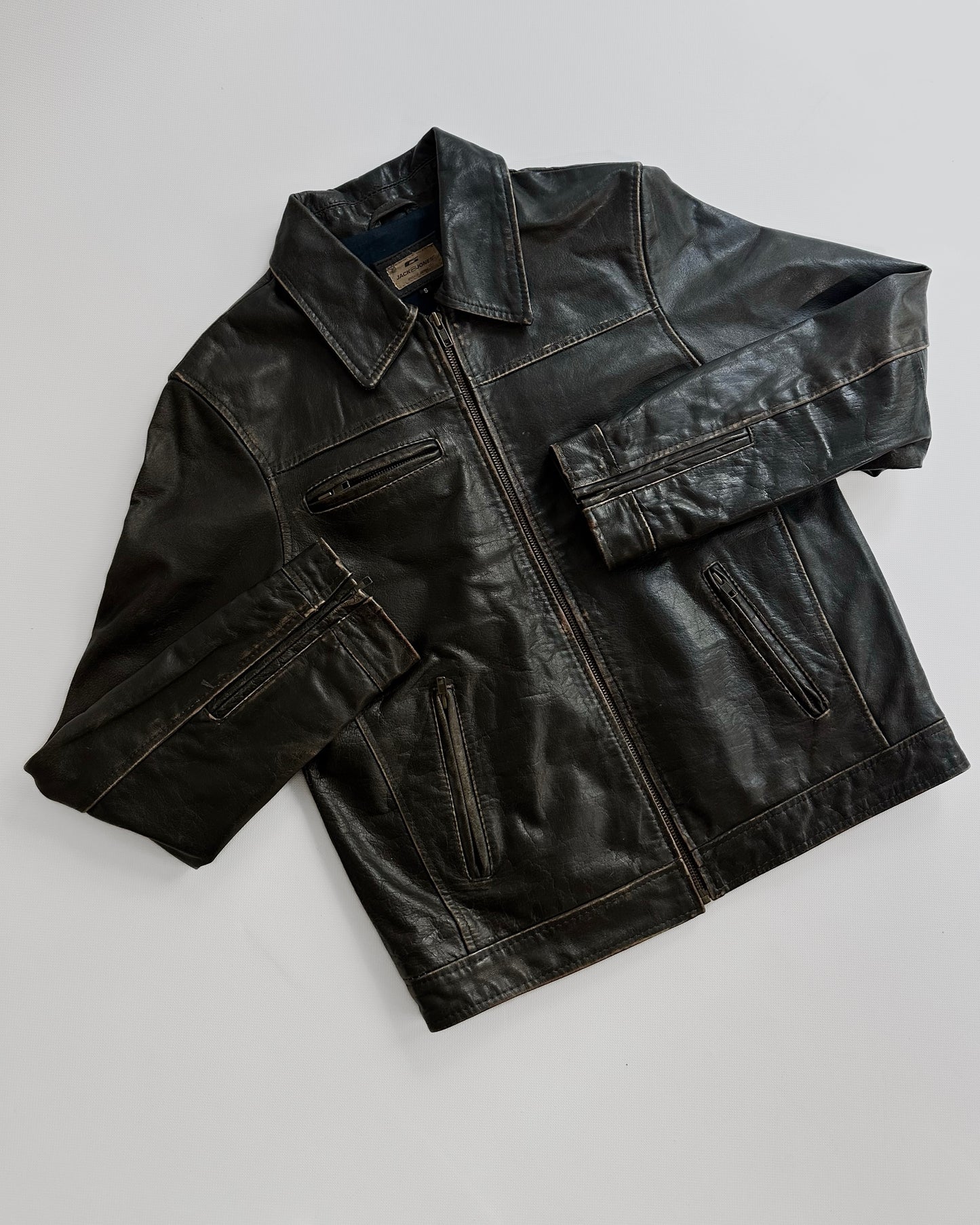 2000s Jack & Jones Black Distressed Leather Jacket