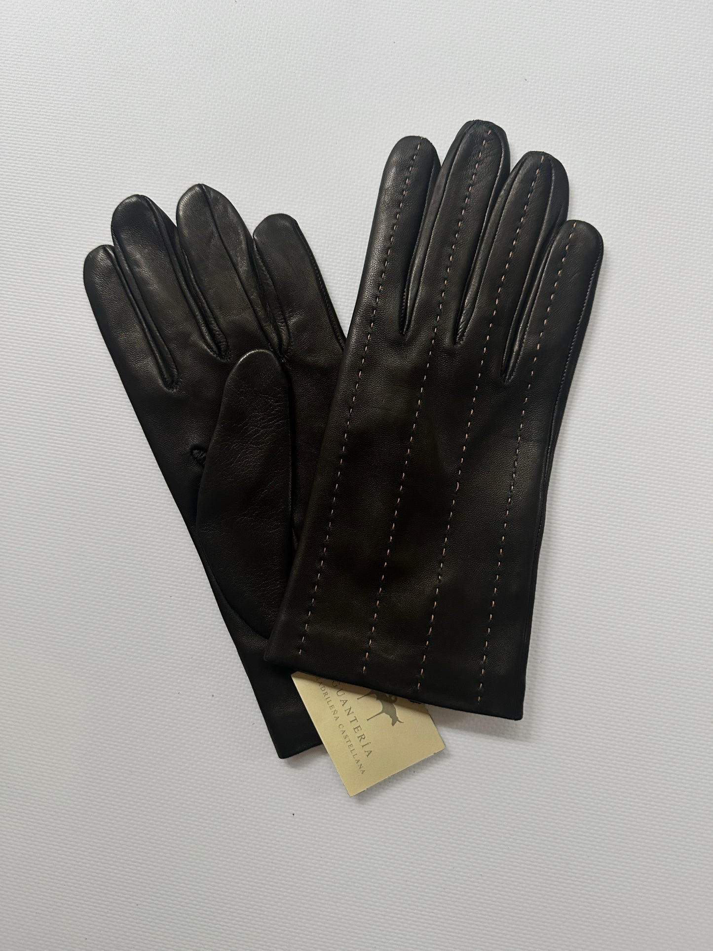 90s Black Beige Leather Gloves - Size 7 1/2, NOS