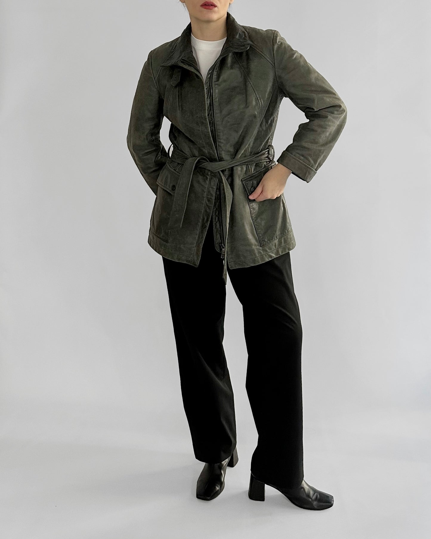 2000s Trussardi Grey-Green Distressed Leather Jacket – Limited Edition