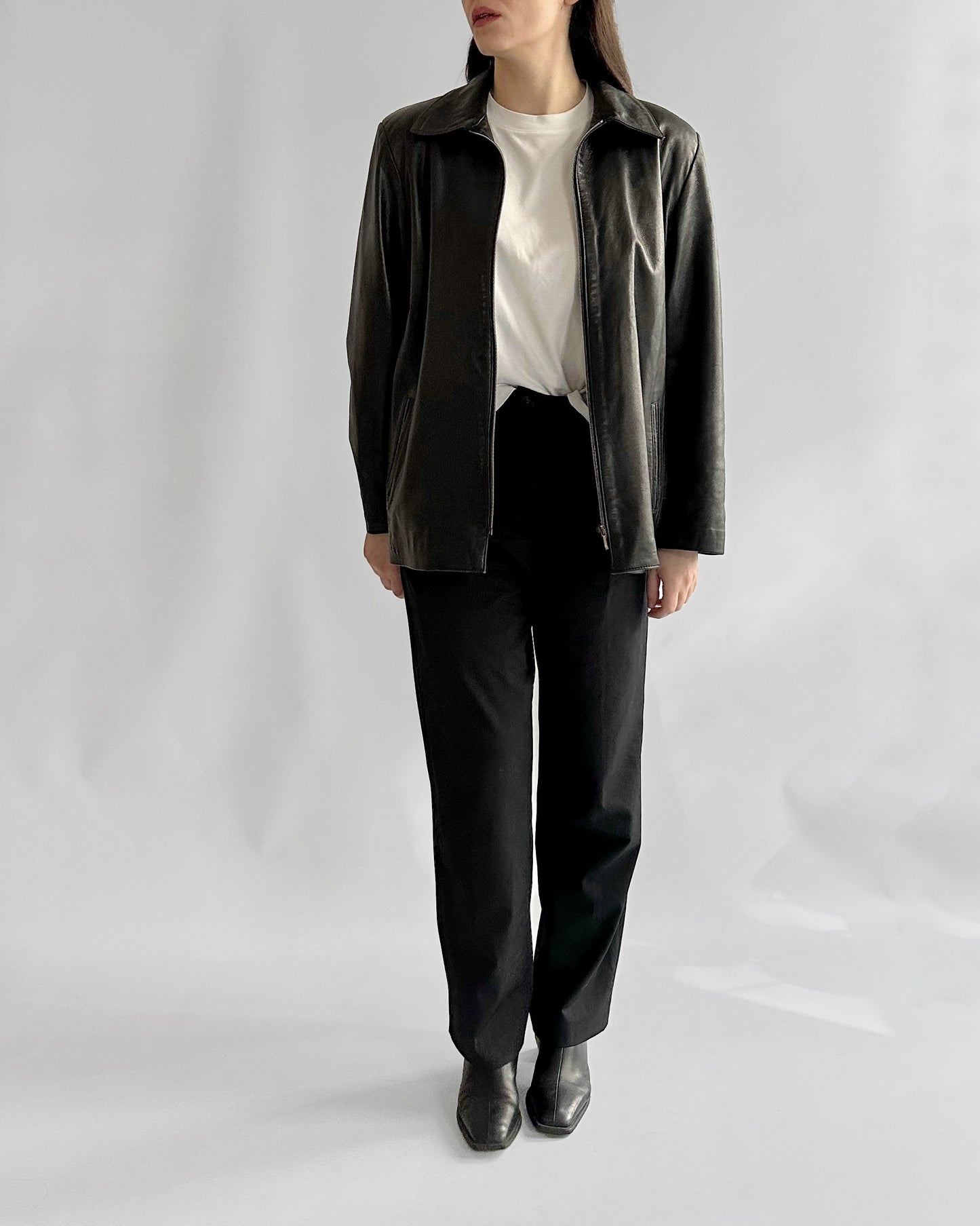 90s Black Zip-Up Leather Jacket