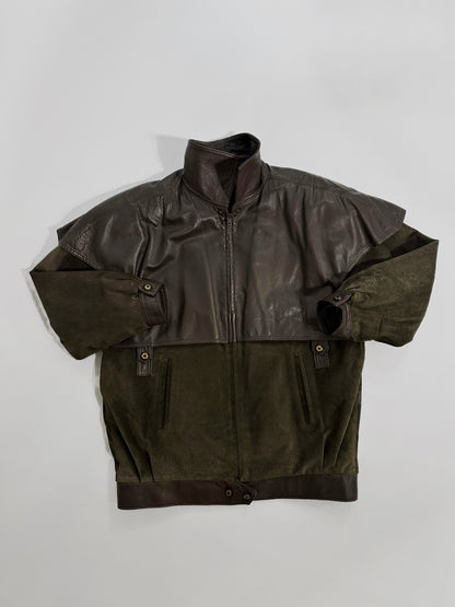 80s Brown Green Sheepskin Suede Leather Jacket