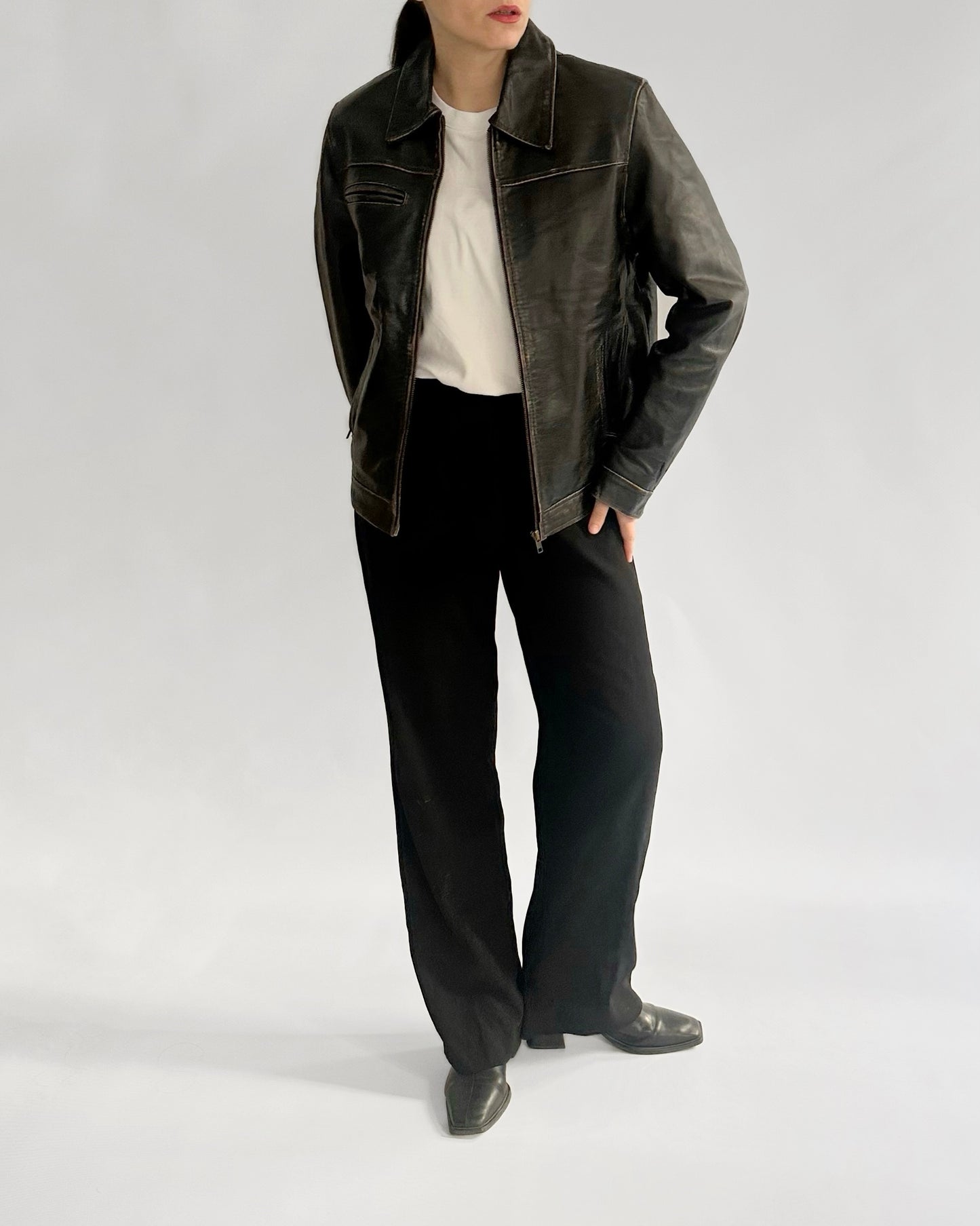 2000s Jack & Jones Black Distressed Leather Jacket