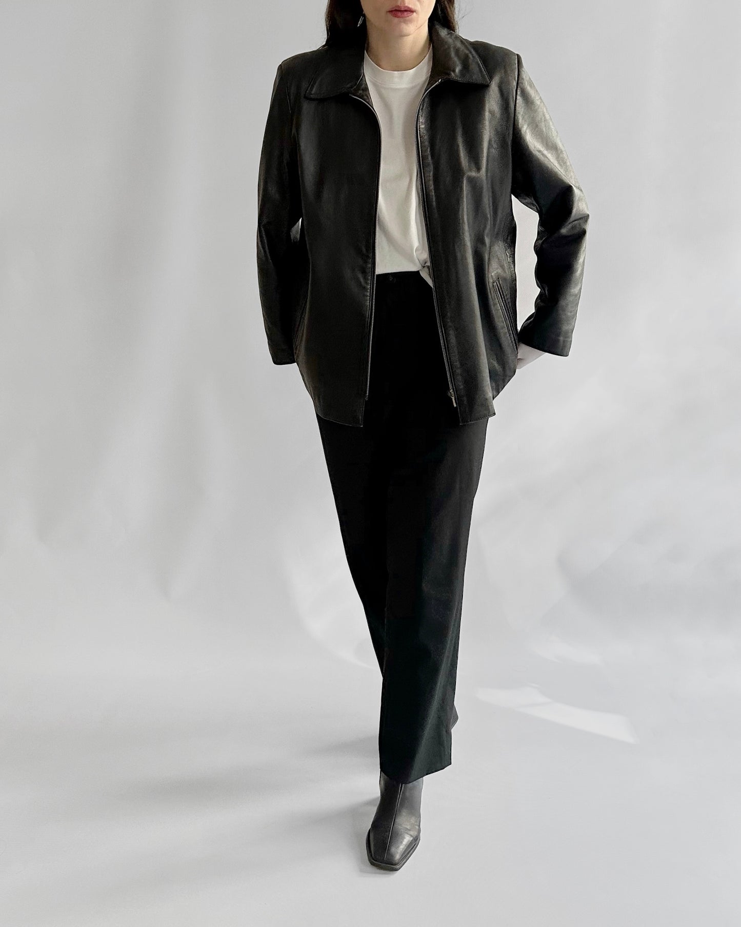 90s Black Zip-Up Leather Jacket