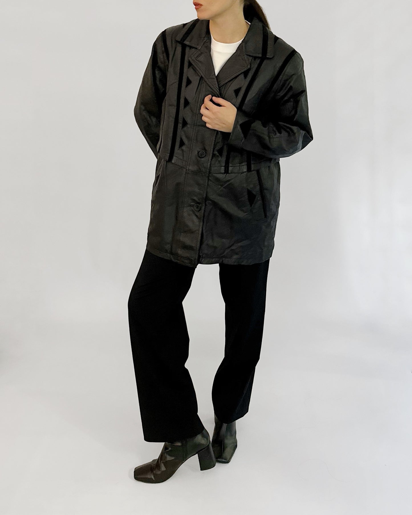 80s Black Leather Suede Geometric Jacket