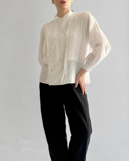 80s White Cotton Linen Pleated Blouse