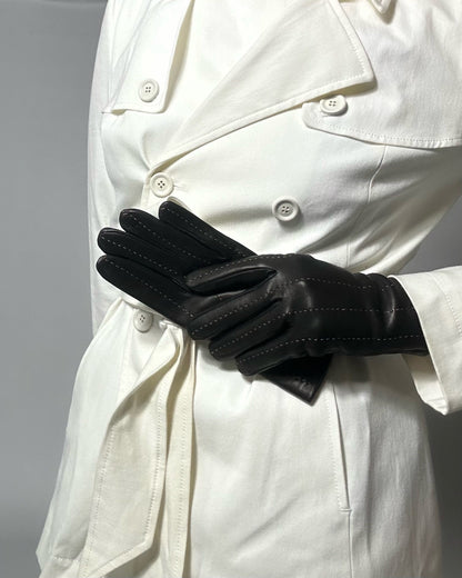 90s Black Beige Leather Gloves - Size 7 1/2, NOS