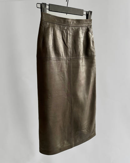 Vintage 1980s Loewe Olive Green Leather Midi Skirt