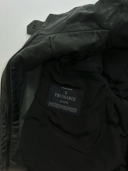 2000s Trussardi Grey-Green Distressed Leather Jacket – Limited Edition