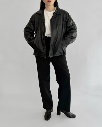 80s Black Leather Bomber Jacket