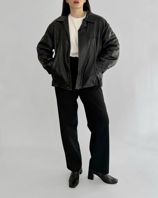 80s Black Leather Bomber Jacket