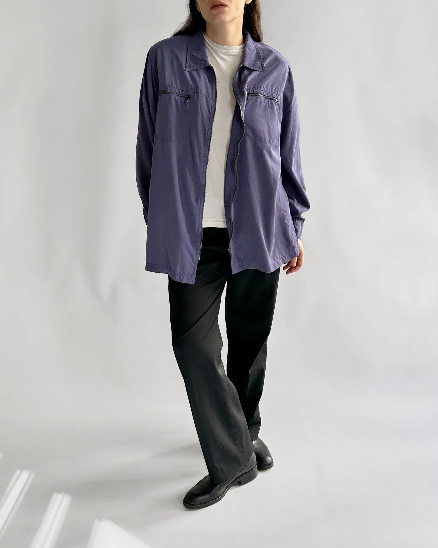 90s Silk Effect Zip-Up Shirt Jacket