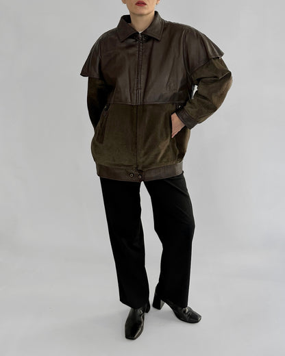 80s Brown Green Sheepskin Suede Leather Jacket