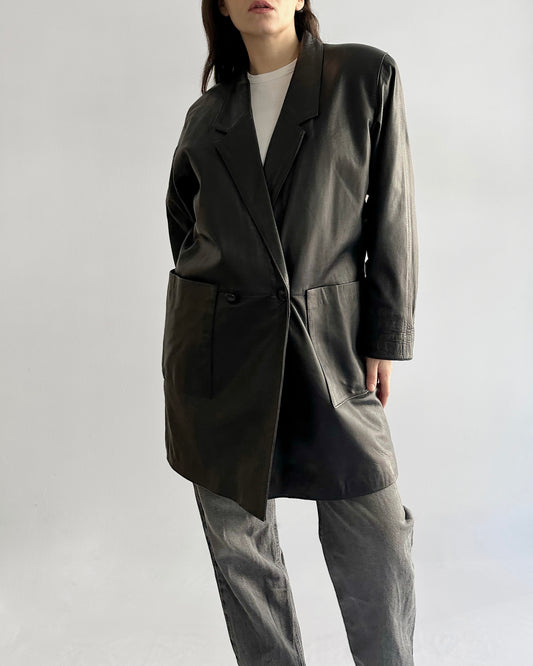 80s Black Leather Midi Coat
