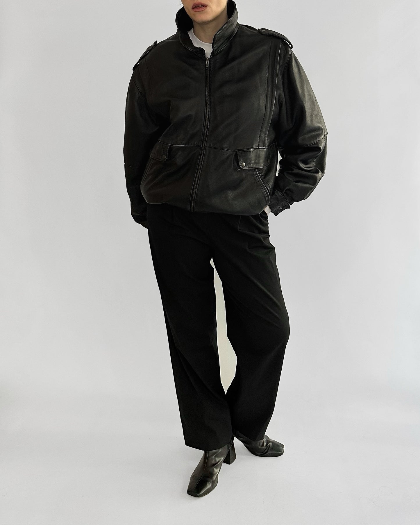 80s Black Lamb Leather Bomber Jacket – Made in Spain
