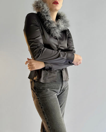 90s Moschino Feather Collar Grey Satin Shirt